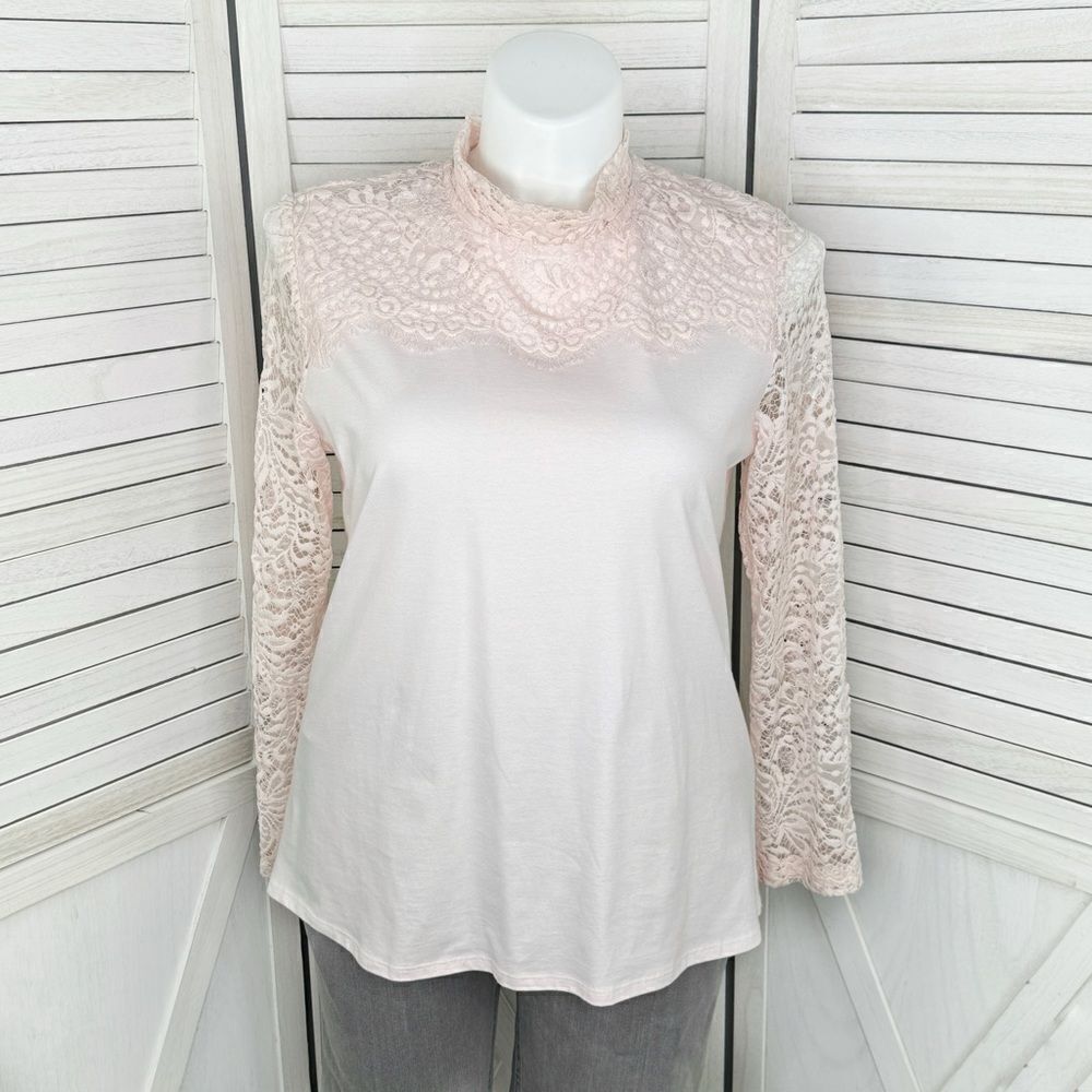 Bedford Fair Lace Sleeve Mock Neck Shirt Pink‎ Large Tee Coquette Victorian Soft